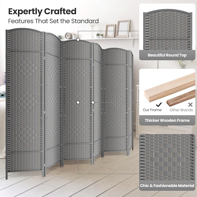 Folding Room Divider, Weave Fiber Privacy Screen, Extra Wide Room Screen Divider Separator, Decorative Separation Wall Divider, Freestanding Room (Grey, 6-Panel)