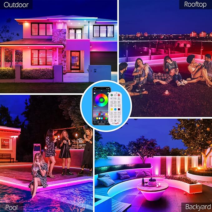 FBZ 200Ft Outdoor Waterproof LED Strip Lights,Music Sync RGB IP65 Led Lights with App Control and Remote,Color Changing Waterproof Led Rope Lights for Outdoor,Balcony,Roof,Garden,Stairs Party (200FT)
