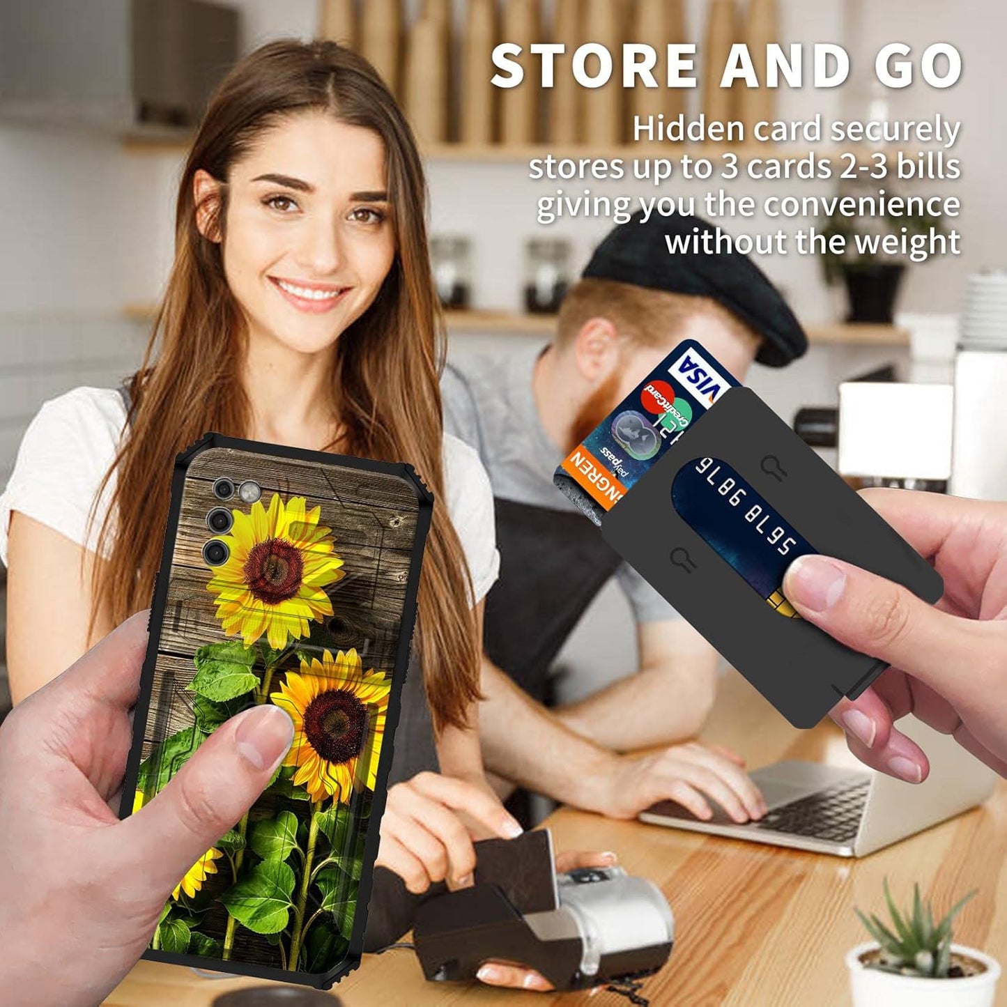 Samsung Galaxy A03s Case with Detachable Card Holder Slot, Heavy Duty Shockproof Cover, Sunflower Plank