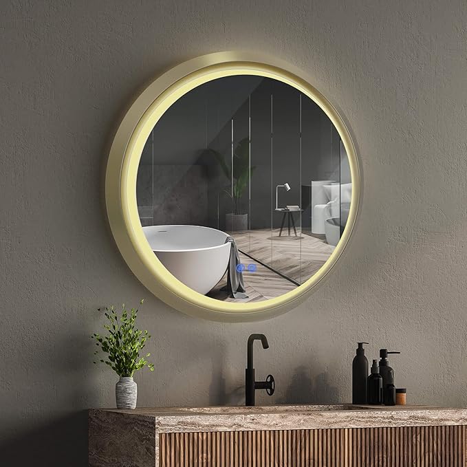 Fab Glass and Mirror 28" Round LED Bathroom Wall Piece with Touch Dimming, Anti-Fog Feature, 3 Color Temperature Options, Circular Framed Lighting in Gold