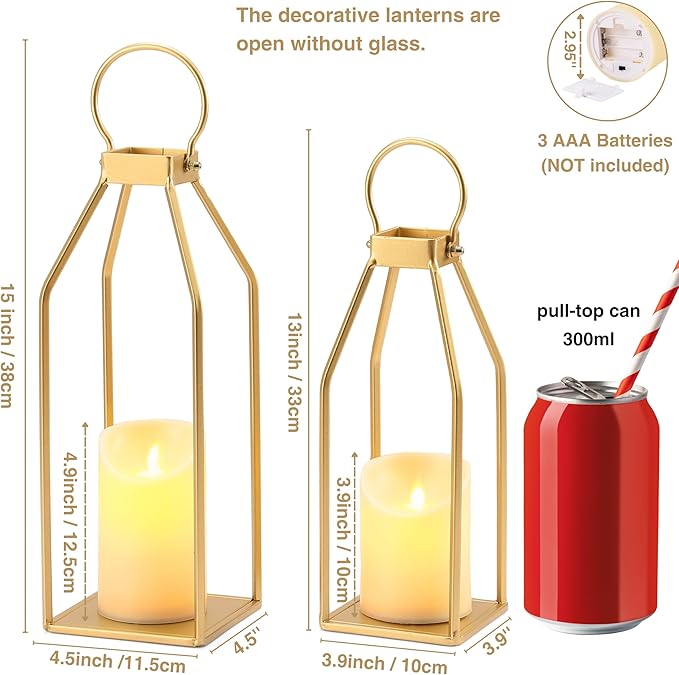Perfnique Modern Farmhouse Lantern Decor, 15'' 12.6'' Set of 2 Gold Metal Lanterns, 2 LED 6hr Timer Flickering Flameless Candles, Lanterns Decorative for Outdoor, Porch, Fireplace, Patio