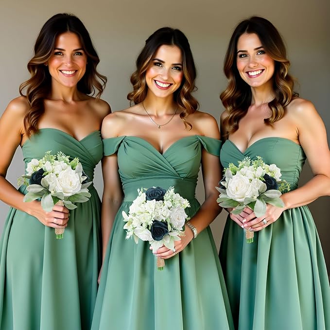 Wedding Bridesmaid Bouquet Set of 4 - Artificial Flowers Bouquets for Bridesmaids Pre-Made 7 Inch Faux Small Floral Bouquets Bridal Shower, Wedding, Ceremony, Anniversary - White Teal Blue