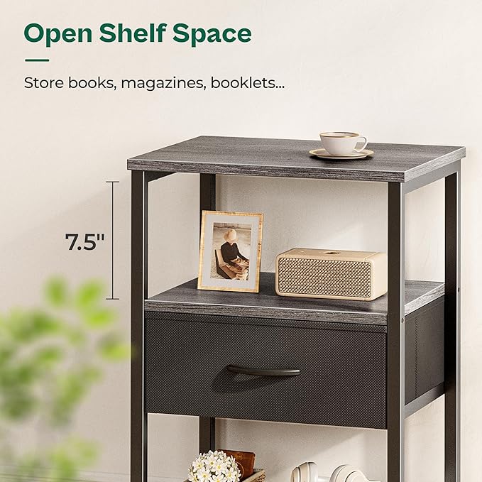 Huuger Night Stand with Fabric Drawer, Side Table with Mesh Shelf, Bedroom Nightstand, Fabric Drawer Dresser, Open Shelf, Metal Frame, Couch Side, Charcoal Gray