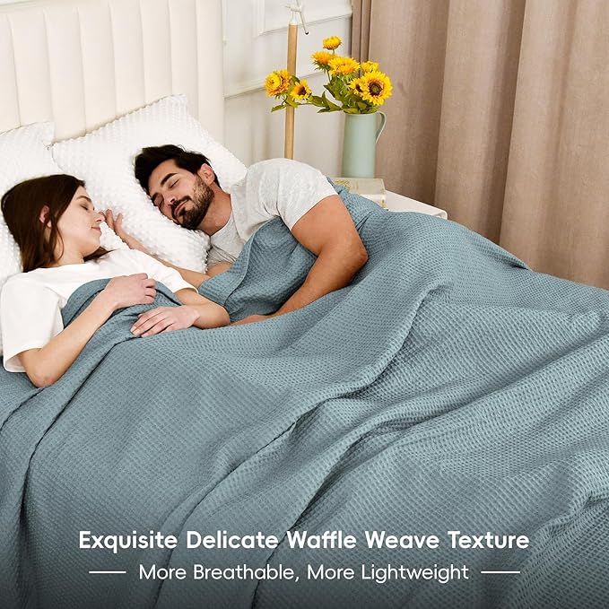 PHF 100% Cotton Waffle Weave Family Blanket,Oversized King Size 120"x 120"-Pre-Washed Snag Proof Lightweight Breathable Moisture-Wicking, 10'x 10' Huge Extra Large Big,Home Decoration Gift-Ocean