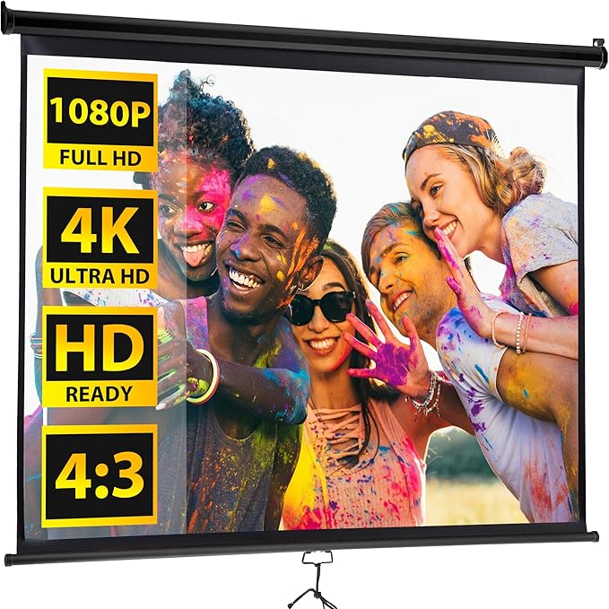 72in Projection Screen Outdoor Indoor 4:3 HD Foldable Manual Pull Down Projector Screen for Movie Home Backyard Theater Cinema Office Video Game, Black