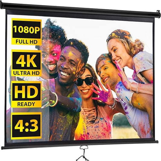 72in Projection Screen Outdoor Indoor 4:3 HD Foldable Manual Pull Down Projector Screen for Movie Home Backyard Theater Cinema Office Video Game, Black