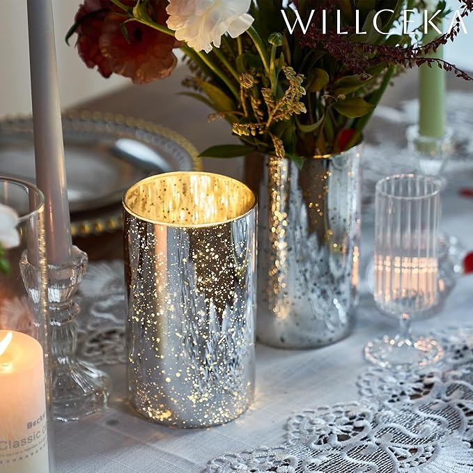 Silver Candle Holder Hurricane Candle Cylinder Vases for Centerpieces Set of 6 for Wedding Table Centerpiece