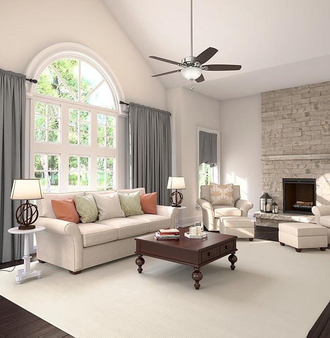 Hunter 52 inch Indoor Ceiling Fan with LED Light - Ceiling Fan with Pull Chain, For Bedroom or Living Room, Standard Mount, No Remote, 5 Blades, Includes Bulbs - Builder Deluxe 53090, Brushed Nickel