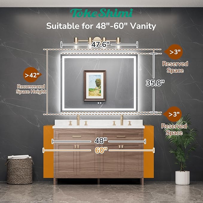 TokeShimi 48x36 Lighted Mirrors for Bathroom Wall,Front Lit + Backlit LED Mirror for Bathroom,Stepless Dimmale 3 Colors,Anti-Fog,Tempered Glass,Memory Function,Waterproof,UL Listed
