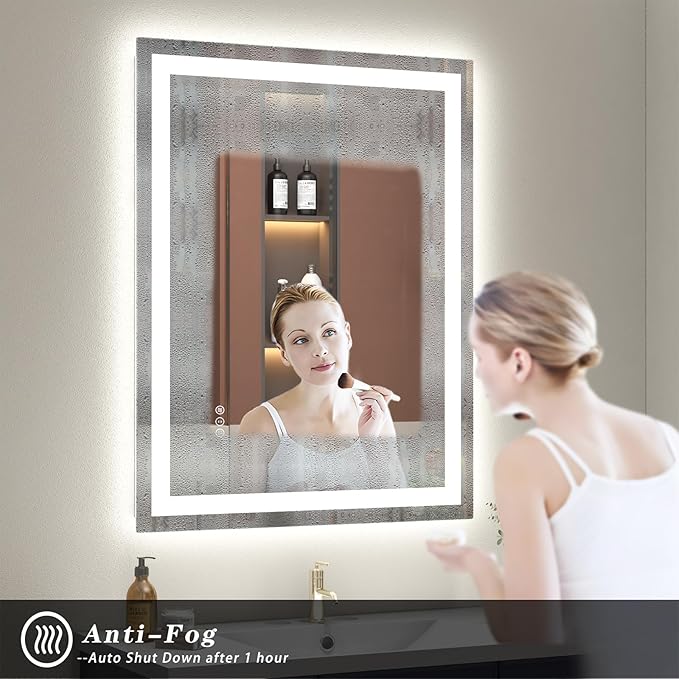 30 x 30 Lighted LED Bathroom Mirror for Wall, Square Vanity Mirror with Lights, Dimmable, Anti-Fog, Shatter-Proof, Memory, ETL Listed (Front Lights + Backlit)