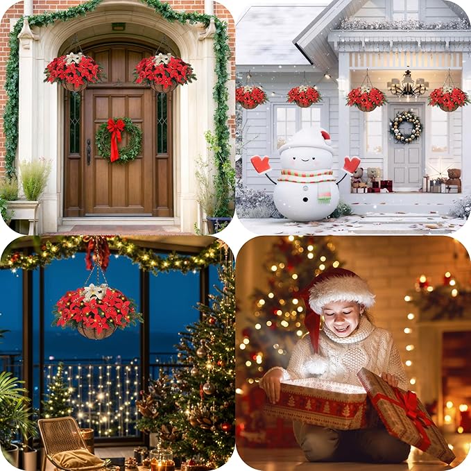 Florielle Artificial Fake Christmas Hanging Flowers Plants Basket with LED Lights, Faux Poinsettia, Pine Branches, for Outdoor New Year Xmas Decoration, Porch Home Holiday Decor (Green)