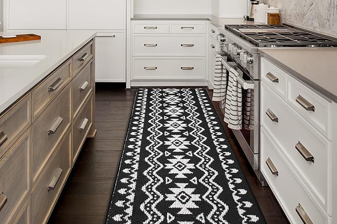 Custom Length Cut to Size Tribal Ethnic Southwestern Inspired Hallway Runner Rug, Non Slip Rubber Backed, 31 inch Wide X Customized Length, Aztec Black, 31 inch X 35 feet