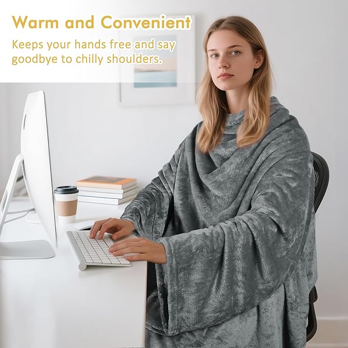 Catalonia Wearable Fleece Blanket with Sleeves and Foot Pockets for Adult Women Men, Micro Plush Comfy Wrap Sleeved Throw Blanket Robe Large, Grey