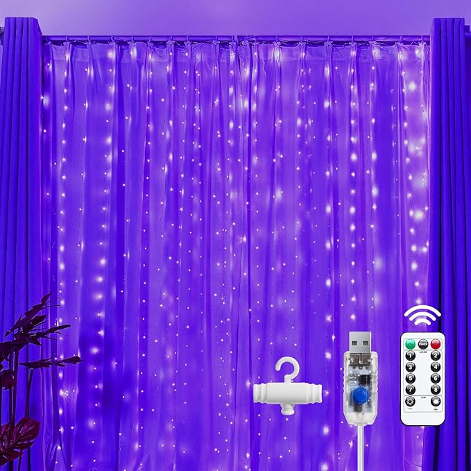 Brightown 300 LED Purple Halloween Fairy Curtain Lights, 9.8ft x 9.8ft Curtain String Lights, USB Plug in 8 Lighting Modes LED Christmas String Hanging Lights with Remote for Bedroom Indoor Weddings