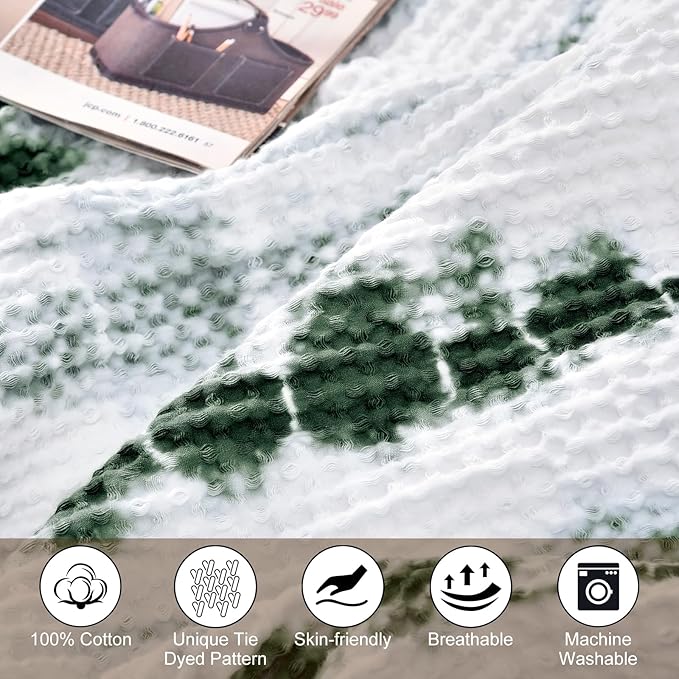 PHF 100% Cotton Tie-dye Waffle Weave Blanket King Size,Soft Breathable Skin-Friendly Durable Layering for All Season, Manual Elegant Delicate Pattern for Bed, Home Decor, Couch,Tie Dyed Green, 104x90