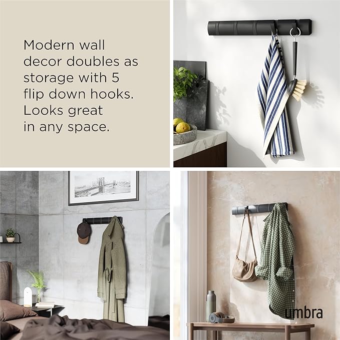 Umbra Flip Wall-Mounted Coat Rack with 5 Hooks – Modern, Space-Saving Storage for Hats, Jackets, Bags, Entryway, Mudroom, Closet, Bathroom, Bedroom – Black