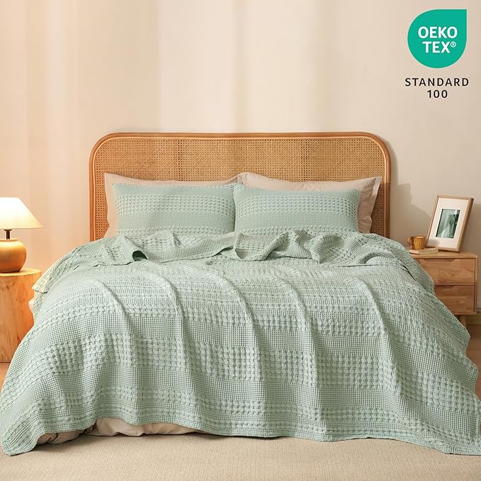 PHF 100% Cotton Waffle Weave Blanket Twin Size for Bed, Soft Lightweight & Breathable, All-Season Comfort, Luxury Aesthetic Woven Bedding for Home Decor, 66"x90", Mint Green