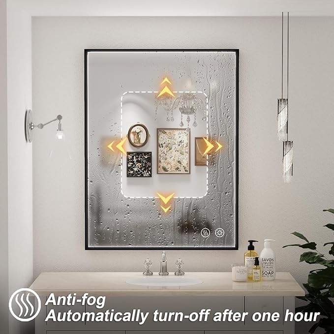 24X36 Inch LED Bathroom Mirror,Black Metal Framed Lighted Mirror,Wall Mouted LED Vanity Mirror with Lights, Stepless Dimmable, Anti-Fog, Memory(Horizontal/Vertical)