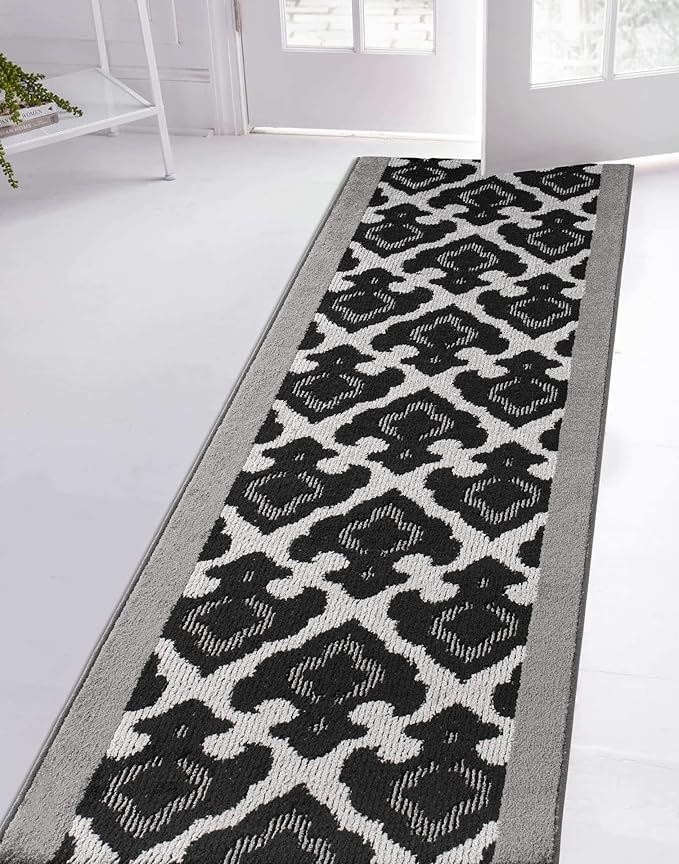 Custom Length Cut to Size Fleur de Lis Inspired Carpet Runner Rug for Hallways, Non Slip Rubber Backed, 31 inch Wide X Customized Length, Royal Grey, 31 inch X 5 feet