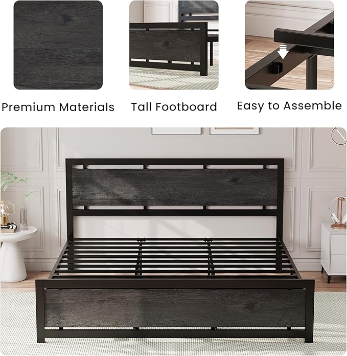 LIKIMIO King Bed Frame with Headboard and Footboard, Metal Strong Supports, Easy Assembly, Noise-Free, No Box Spring Needed, Charcoal Grey