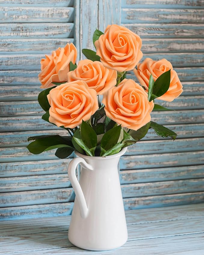 JOYLEX Artificial Flowers Realistic Roses, Orange Real Looking Fake Roses with Stem for DIY Wedding Bouquets Centerpieces Bridal Shower Party Home Romantic Decorations (Orange, 100pcs)