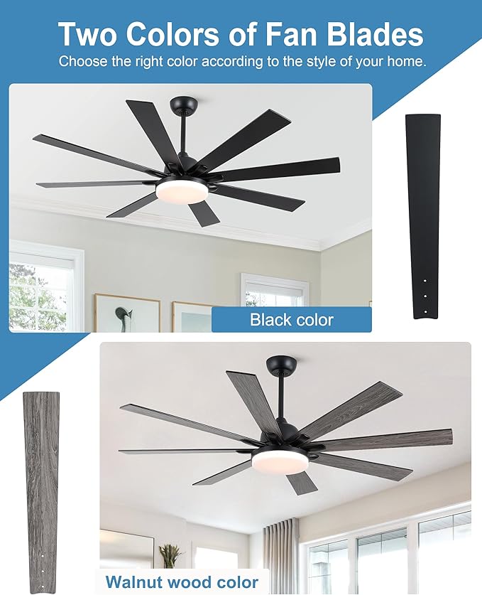 62 Inch Ceiling Fans with Lights,Large Modern Ceiling fan with Remote and 8 Wooden Blades,Dimmable,6 Speeds,Noiseless Reversible Indoor&Outdoor Fan for Bedroom,Patio,Living Room