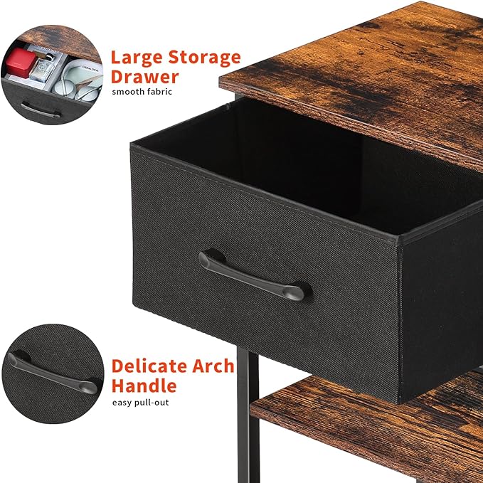Nightstands Set of 2 with Charging Station and Drawer, End Table Side Table with 20 Colors LED Light Strip and 2 Layers Shelf for Bedroom Living Room Sofa (Rustic Brown)