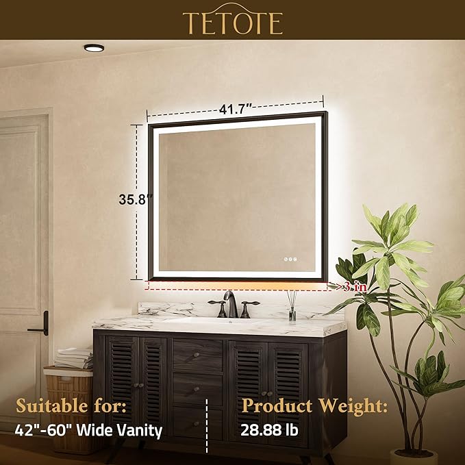 TETOTE Black LED Bathroom Mirror with Lights 42x36 Front & Back Light Vanity Framed Mirror Baroque Anti Fog Dimmable White/Warm/Natural,CRI90+,Waterproof,Wall Mounted(Horizontal/Vertical)