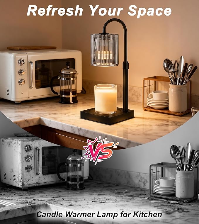 Candle Warmer Lamp, Candle Lamp Wax Warmer Heating, Timer & Dimmer 7-Levels, Fits Cup Jar Candle, Top Melting, Crystal Heater Lamp for Scented Wax, Elegant Home Decor, Black Glass