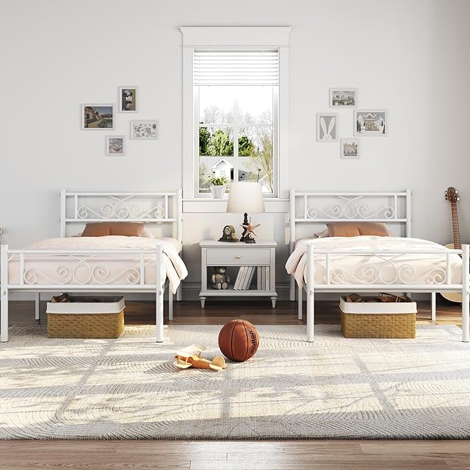 Yaheetech Twin Bed Frames Metal Platform Bed with Headboard and Footboard No Box Spring Needed Easy Assembly,Under-Bed Space: 12.6''/White/Twin Bed