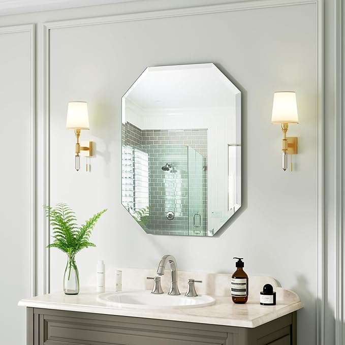 Silver Wall Mirror-Beveled Edge Frameless Mirror for Bathroom, Vanity, Bedroom, Rectangle Mirrors （18X24inch）