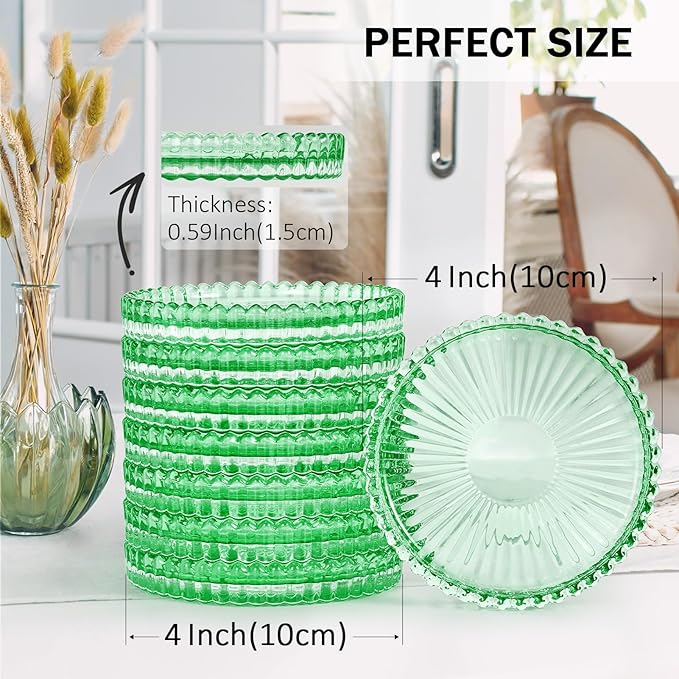 Glass Candle Holders, GOH DODD Set of 8 Crystal Pillar Plates Modern Coasters for Drinks, Centerpiece, Home Decor, Kitchen, Living Room, Patio, Wedding, Halloween, Christmas, Party, Clear Green