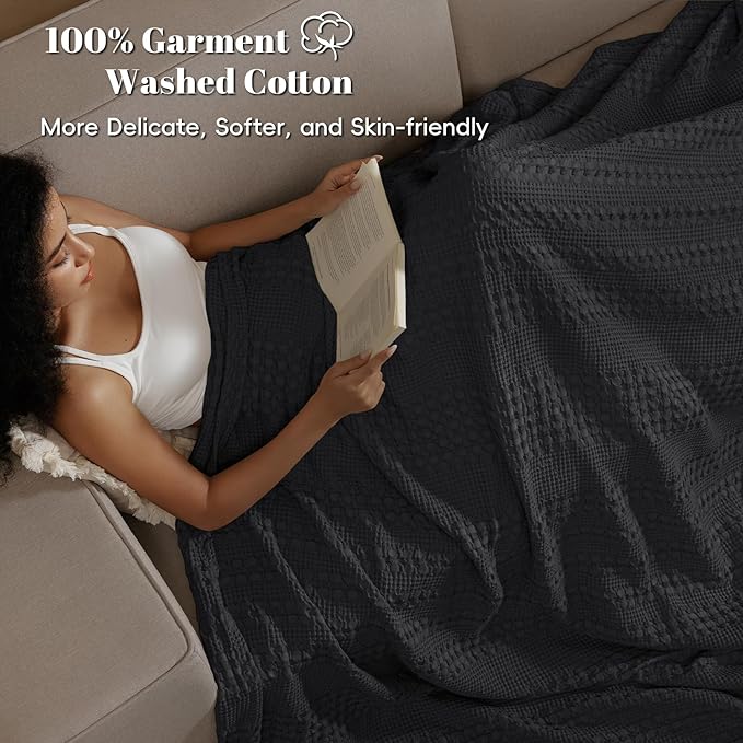 PHF 100% Cotton Waffle Weave Blanket Queen Size for Bed, Soft Lightweight & Breathable, All-Season Comfort, Luxury Aesthetic Woven Bedding for Home Decor, 90"x90", Black