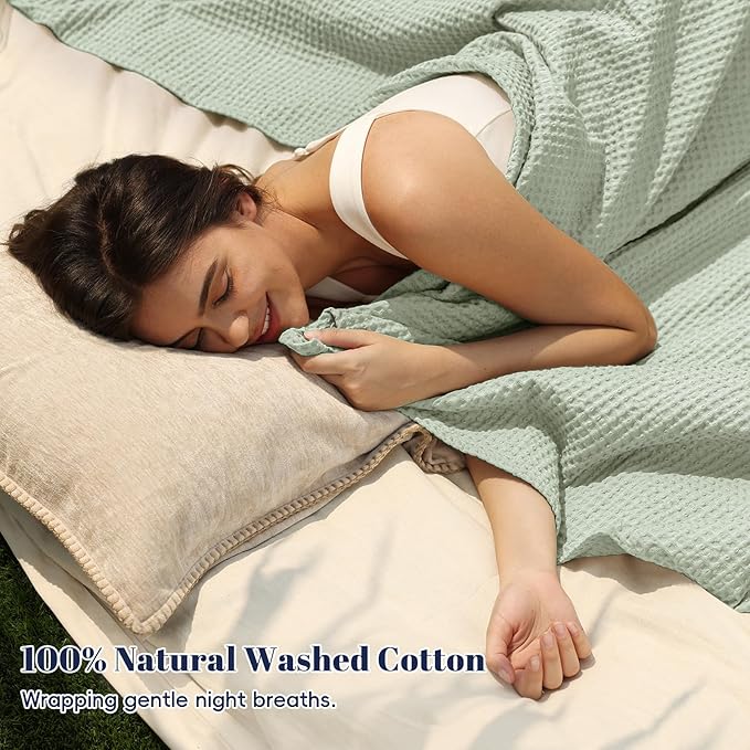 PHF 100% Cotton Waffle Weave Blanket Twin Size for Bed,Snag Proof Lightweight Breathable Moisture-Wicking Throw for Couch,Great for Layering in Cold Weather,Machine Washable,Home Decor Gift-Sage Green