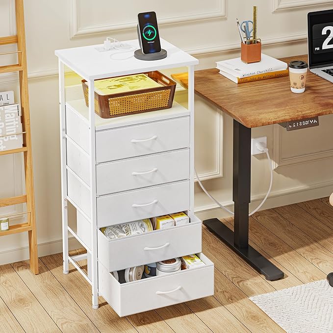 Fixwal Tall Nightstand with Charging Station and LED Lights, Night Stand with PU Finish Fabric Storage Drawers, 5 Drawer Dresser, White