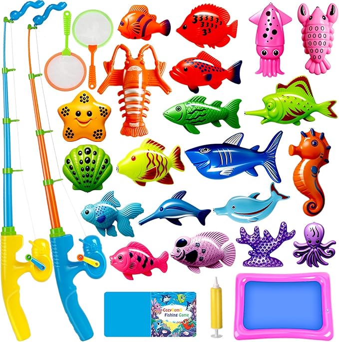 CozyBomB™ Magnetic Fishing Toys Game Set for Kids | Water Table Bathtub Kiddie Pool Party & Pole Rod Net, Plastic Floating Fish Toddler Color Ocean Sea Animals Birthday Age 3 4 5 6 Year