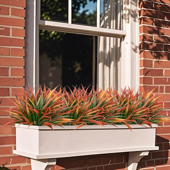 Ouddy Decor 20 Pcs Fake Fall Outdoor Plants Artificial Grass Fall Stems Faux Plastic Plants UV Resistant for Autumn Indoor Outside Garden Hanging Planter Porch Patio Window Box Home Decor, Orange