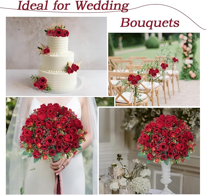 10 Bunches Red Roses Artificial Flowers, Flores Rojas Silk Flower Arrangement for Decoration Outdoor Wedding Party Indoor Home Bedroom Kitchen Office