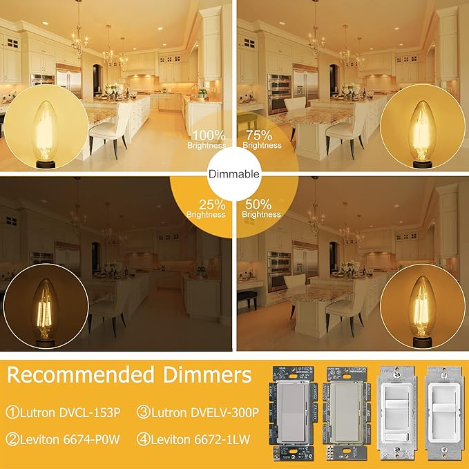 Cotanic Dimmable Candelabra LED Bulb 2700K Warm White,E12 Base Ceiling Fan Light Bulb 60W Equivalent, Type B Light Bulb with Candle Shape,C35 Filament Chandelier Light Bulb Clear Glass,600LM,6 Pack
