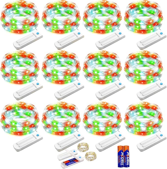 YJFWAL 12 Pack 10ft 30LED Timer Fairy Lights Battery Powered, Starry String Lights with 8 Modes Remote Waterproof Twinkle Lights for DIY, Bedroom, Wedding, Party, Patio, Christmas Decor (Xmas Color)