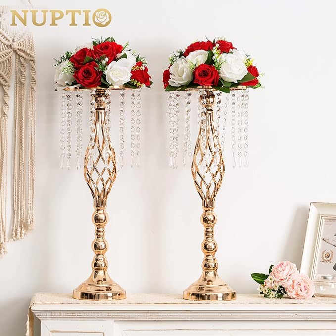NUPTIO Pcs of 10 Fake Flower Ball Arrangement Bouquet,15 Heads Plastic Roses with Base, Suitable for Our Store's Wedding Centerpiece Flower Rack for Parties Valentine's Day Home Décor (Red & White)