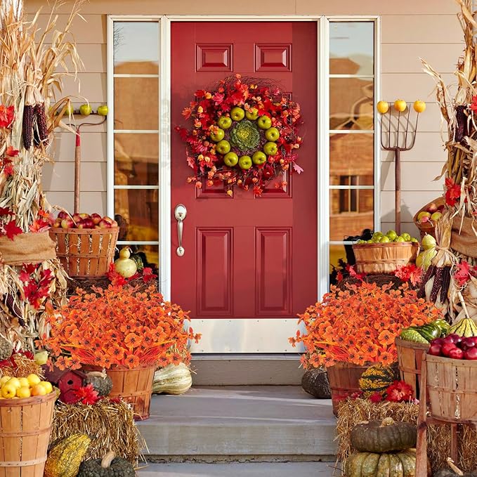 Artificial Fall Flowers Outdoor - Autumn Realistic Faux Plant , Weather-Resistant UV Protection, Perfect for Porch, patio, Garden, Window Box, and Planters Decor(Fall Orange)
