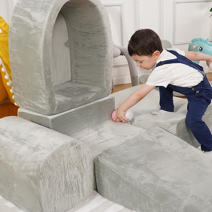 Foam Climbing Blocks for Toddlers 1-3 - Baby Climb and Crawl Activity Playset - Indoor Activity Play Structure for Toddlers - Foam Soft Play Set for Babies - Balls NOT Included - Gray