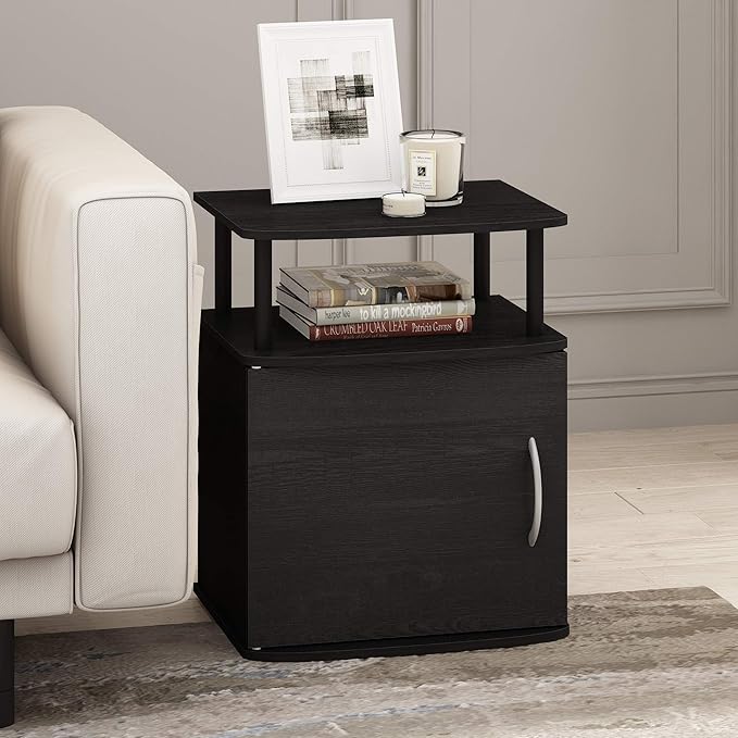 Furinno JAYA End Side Sofa Table/Nightstand with Door, 2-Pack, PVC Tubes, Black Wood