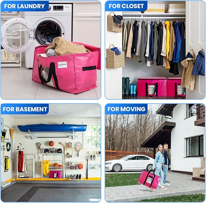 TAILI 6 Pack Pink Extra Large Moving Bags, Heavy Duty Totes with Visible Window, Wrap Around Handles, Space-Saving Storage Solution, Alternative to Moving Boxes