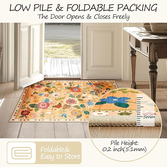 Floral 6x9 Area Rug Machine Washable Soft Print Boho Carpet Non Slip Doormat Low Pile Flower Area Rugs for Living Room Bedroom Nursery Kitchen Dining Room Indoor-Yellow/Orange