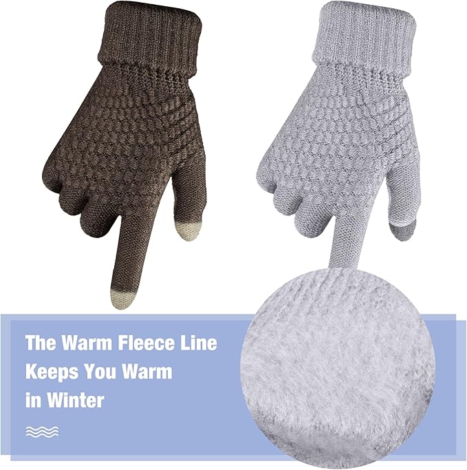 Geyoga 2 Pairs Women's Winter Touch Screen Gloves Soft Warm Fleece Lined Knit Elastic Cuff Winter Texting Gloves
