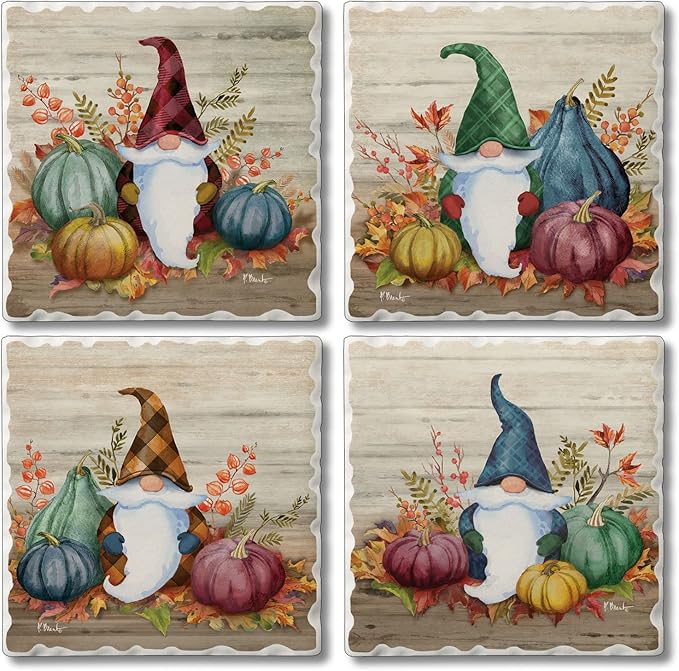 Thirstystone Autumn Gnomes 4 Pack Assorted Tumbled Tile Stone Coasters with Protective Cork Backing 4" Square Manufactured in The USA