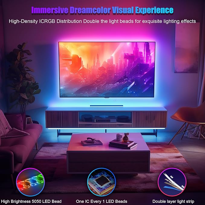PANGTON VILLA LED Lights for TV 70-85 Inch, 18FT ICRGB TV LED Backlight Kit Work with APP & Remote Control, Music Sync TV LED Lights, TV Lights Behind, USB Powered, Rainbow