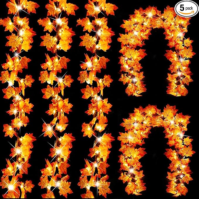 GBD Thanksgiving Decorations-5 Pack Total 50Ft 100LED Fall Garland with Lights Battery Operated Enlarged Maple Leaves Garlands for Fall Decorations for Home Christmas Halloween Indoor Outdoor Decor